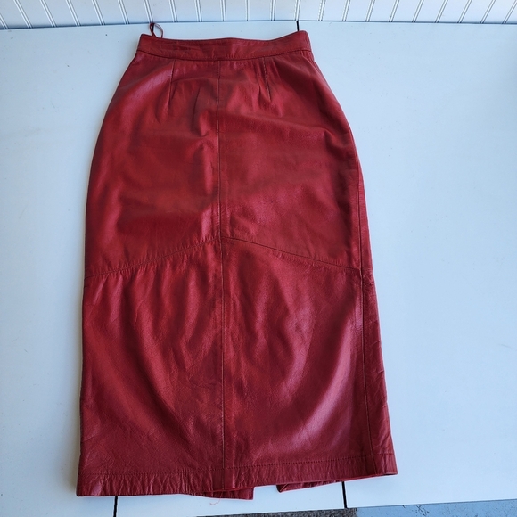 Red Genuine Leather Midi Skirt - Picture 1 of 11